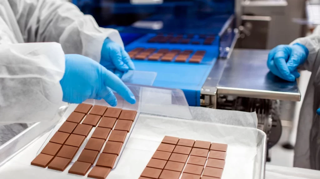 Pessoas trabalhando em fábrica de chocolate